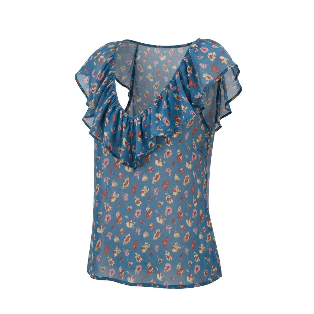 Kieu's Blue Floral Ruffle Scoop Back Tie Chiffon Flutter Sleeve Blouse T-10326-A